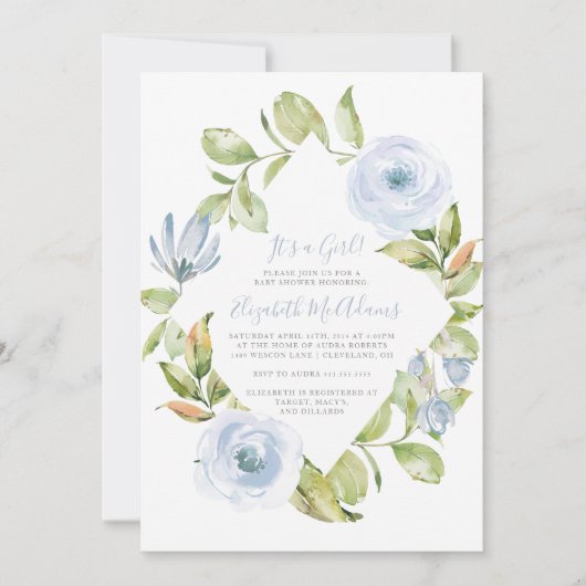 Elegant Bloemen Diamant Stoffig Blauw Baby shower Kaart (Voorkant)