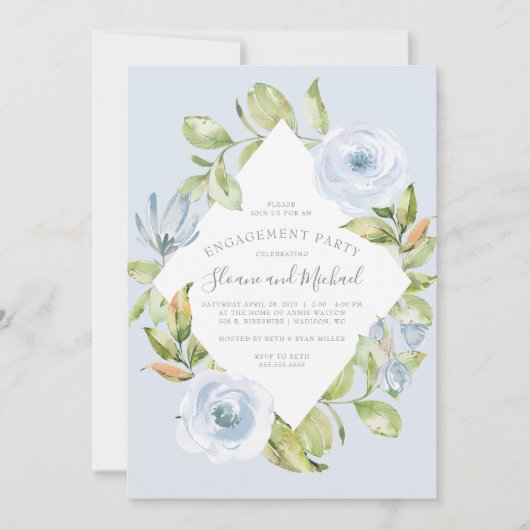 Elegant Bloemen Diamant Stoffig Blauw Verlovingsfe Kaart (Voorkant)