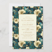 Elegant Bloemen Donker Blauwgroen Cream Goud Bruil Kaart (Voorkant)