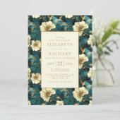 Elegant Bloemen Donker Blauwgroen Cream Goud Bruil Kaart (Staand voorkant)