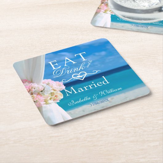 Elegant Bloemen Eet Drink Getrouwd Strand Bruiloft Kartonnen Onderzetters (Schuin)