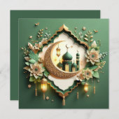 Elegant Bloemen Eid Mubarak Crescent Mosque Groen Feestdagenkaart (Voorkant / Achterkant)