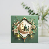 Elegant Bloemen Eid Mubarak Crescent Mosque Groen Feestdagenkaart (Staand voorkant)