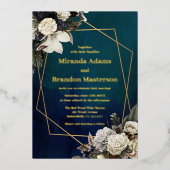 Elegant Bloemen Emerald Groen en Gouden Bruiloft Folie Uitnodiging (Voorkant)