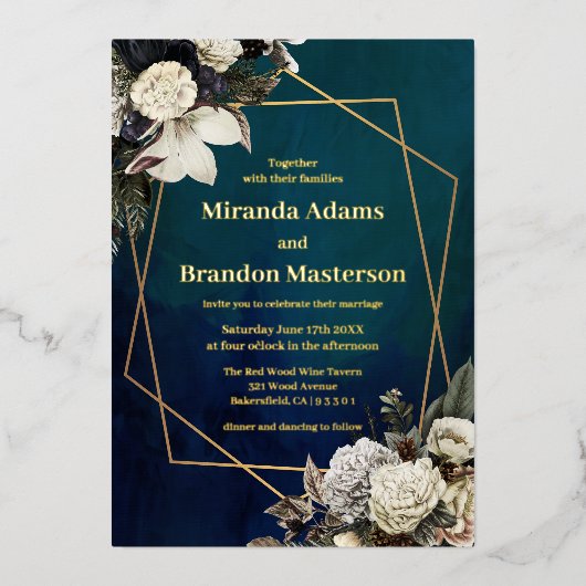 Elegant Bloemen Emerald Groen en Gouden Bruiloft Folie Uitnodiging (Voorkant)