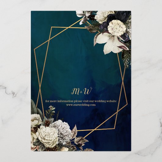 Elegant Bloemen Emerald Groen en Gouden Bruiloft Folie Uitnodiging (Achterkant)