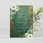 Elegant Bloemen Emerald Groen en Gouden Bruiloft Kaart (Staand voorkant)