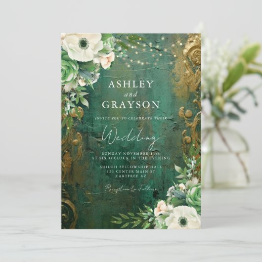 Elegant Bloemen Emerald Groen en Gouden Bruiloft Kaart (Staand voorkant)