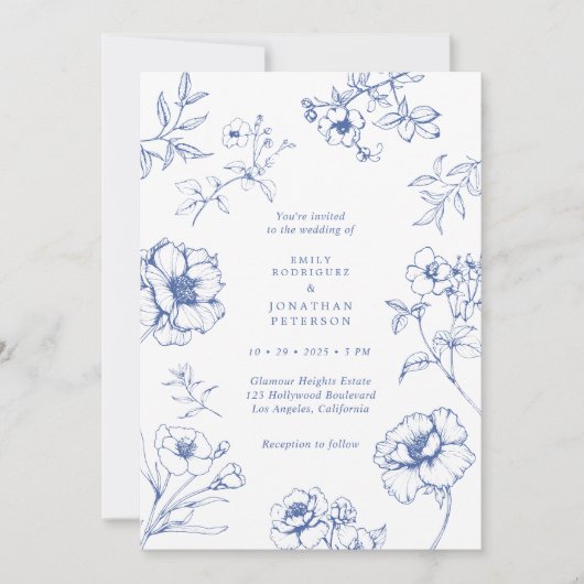 Elegant Bloemen Frans Blauw Bruiloft Kaart (Voorkant)