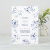 Elegant Bloemen Frans Blauw Bruiloft Kaart (Staand voorkant)