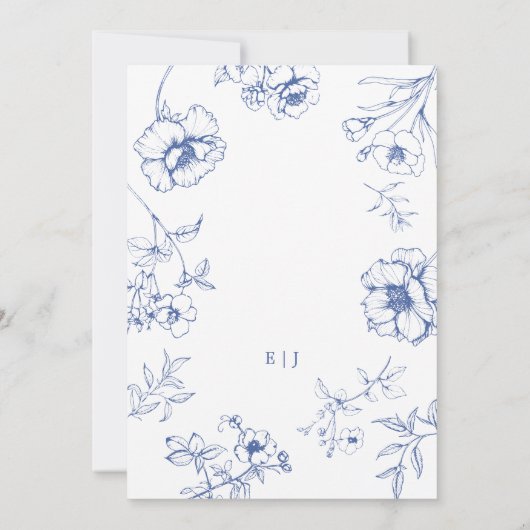 Elegant Bloemen Frans Blauw Bruiloft Kaart (Achterkant)