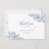 Elegant  Bloemen Frans Blauw Script Bruiloft Bedankkaart (Voorkant)