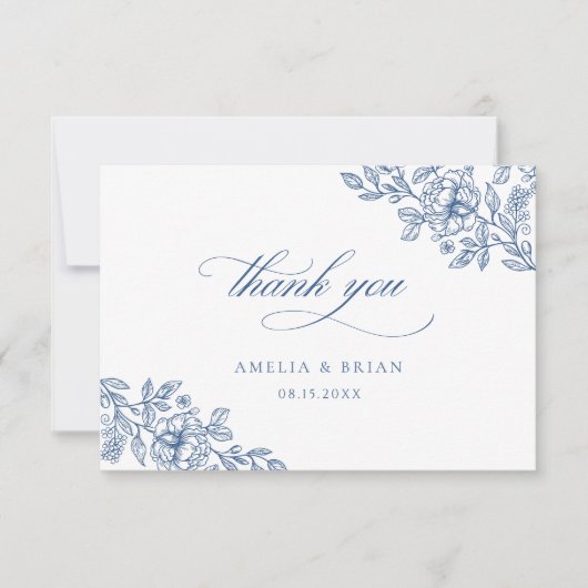 Elegant  Bloemen Frans Blauw Script Bruiloft Bedankkaart (Voorkant)