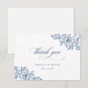 Elegant  Bloemen Frans Blauw Script Bruiloft Bedankkaart