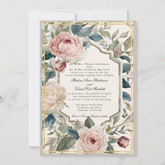 Elegant Bloemen  Frans Goud Classic Bruiloft Kaart (Voorkant)