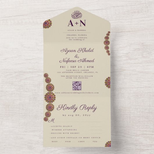 Elegant & Bloemen Geometrisch Patroon Islamitische All In One Uitnodiging (Binnen)