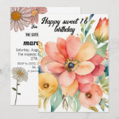 Elegant Bloemen & Glitter Sweet 16e verjaardag Kaart (Voorkant / Achterkant)