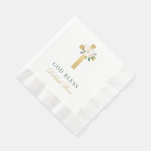 Elegant Bloemen Goud Cross Baby Meisje Doop Servet (Hoek)