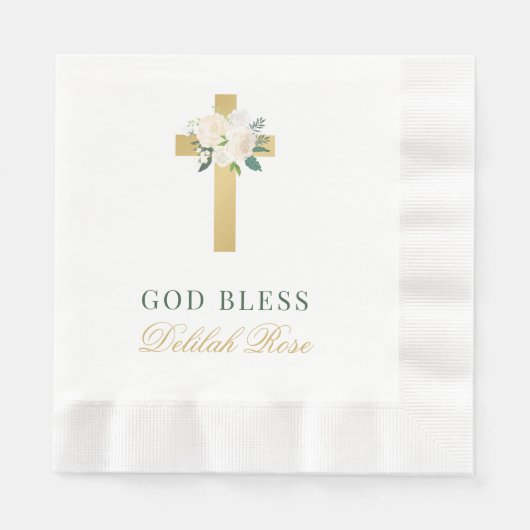 Elegant Bloemen Goud Cross Baby Meisje Doop Servet (Voorkant)