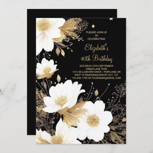 Elegant Bloemen Goud en Zwart Online 40e Verjaarda Kaart (Voorkant / Achterkant)