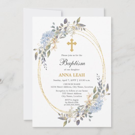 Elegant Bloemen Goud Kruis Doop Kaart (Voorkant)