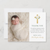 Elegant Bloemen Goud Kruis Meisje Doop Foto Bedankkaart (Voorkant)