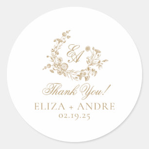 Elegant Bloemen Goud Monogram Bruiloft Ronde Sticker