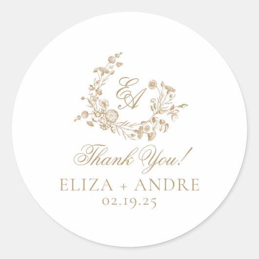 Elegant Bloemen Goud Monogram Bruiloft Ronde Sticker (Voorkant)