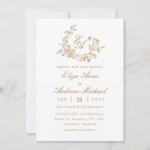 Elegant Bloemen Goud Monogram Crest Bruiloft Kaart (Voorkant)