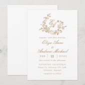 Elegant Bloemen Goud Monogram Crest Bruiloft Kaart (Voorkant / Achterkant)