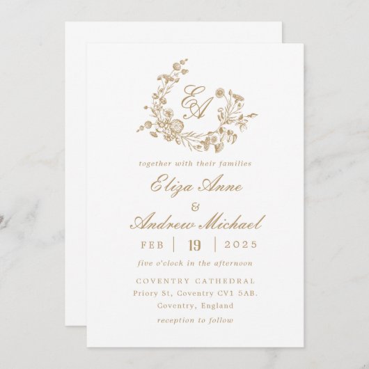 Elegant Bloemen Goud Monogram Crest Bruiloft Kaart (Voorkant / Achterkant)