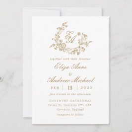 Elegant Bloemen Goud Monogram Crest Bruiloft Kaart