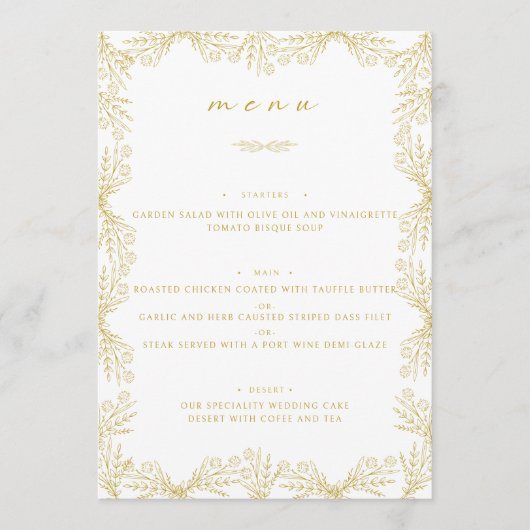 Elegant Bloemen Goud & Wit Tafel Diner Menu (Voorkant)