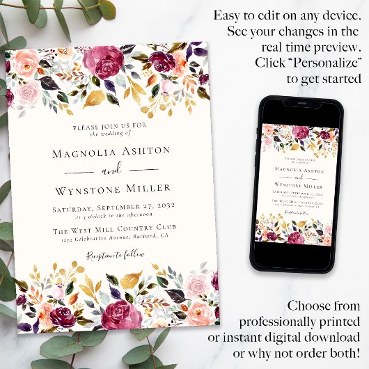 Elegant Bloemen Gouden Folie Bruiloft Kaart