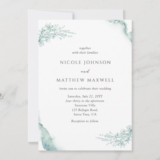Elegant Bloemen, Groen, Sage Waterverf Bruiloft Kaart (Voorkant)