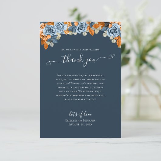 Elegant Bloemen Herfst Navy Blauw Rust Bruiloft Bo Bedankkaart (Staand voorkant)