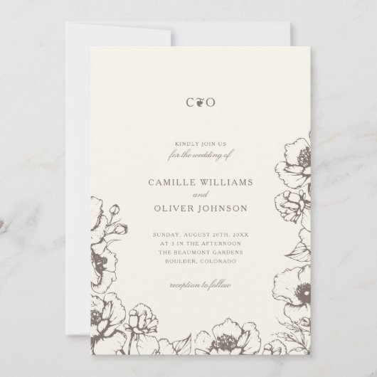 Elegant  Bloemen Initialen Tuin Bruiloft Kaart (Voorkant)