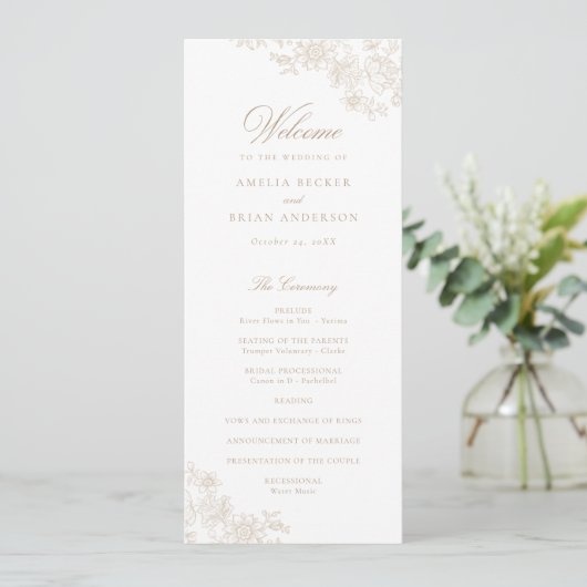 Elegant Bloemen Kant Beige Trouwprogramma Programmakaart (Staand voorkant)
