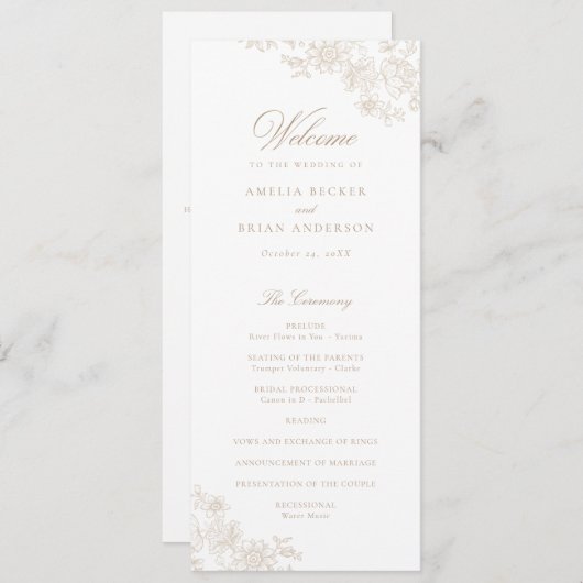 Elegant Bloemen Kant Beige Trouwprogramma Programmakaart (Voorkant / Achterkant)