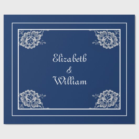 Elegant Bloemen Kant op Marine Blauw Bruiloft Cadeaupapier (Vlak)