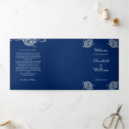 Elegant Bloemen Kant op Marine Blauw Bruiloft Drieluik Programma