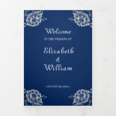 Elegant Bloemen Kant op Marine Blauw Bruiloft Drieluik Programma (Cover)