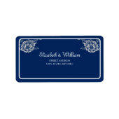 Elegant Bloemen Kant op Marine Blauw Bruiloft Etiket (Voorkant)