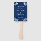 Elegant Bloemen Kant op Marine Blauw Bruiloft Handwaaier (Voorkant)