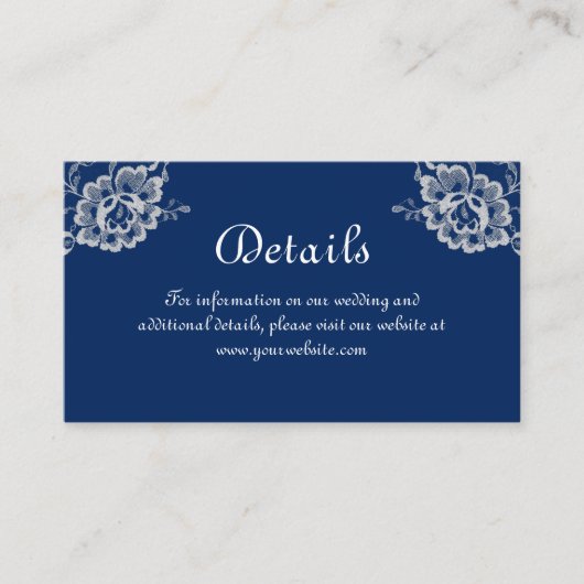 Elegant Bloemen Kant op Marine Blauw Bruiloft Informatiekaartje (Voorkant)