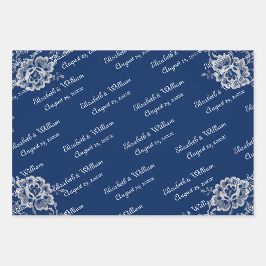 Elegant Bloemen Kant op Marine Blauw Bruiloft Inpakpapier Vel (Voorkant)