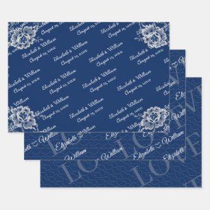 Elegant Bloemen Kant op Marine Blauw Bruiloft Inpakpapier Vel