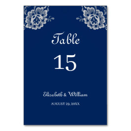 Elegant Bloemen Kant op Marine Blauw Bruiloft Kaart