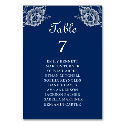 Elegant Bloemen Kant op Marine Blauw Bruiloft Kaart (Voorkant)