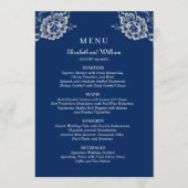 Elegant Bloemen Kant op Marine Blauw Bruiloft Menu (Voorkant)